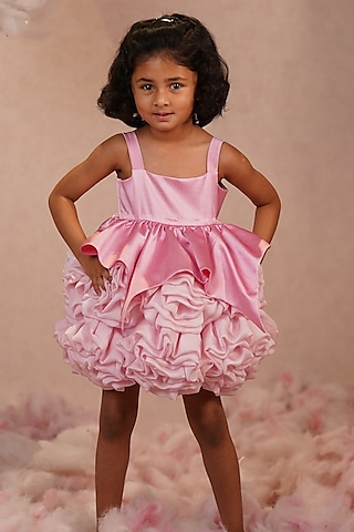 Baby Pink Satin Lycra & Viscose Satin Organza Embellished Dress For Girls by ARANI LABEL