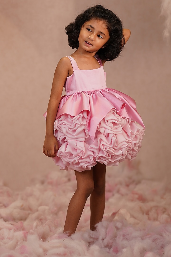 Baby Pink Satin Lycra & Viscose Satin Organza Embellished Dress For Girls by ARANI LABEL at Pernia's Pop Up Shop