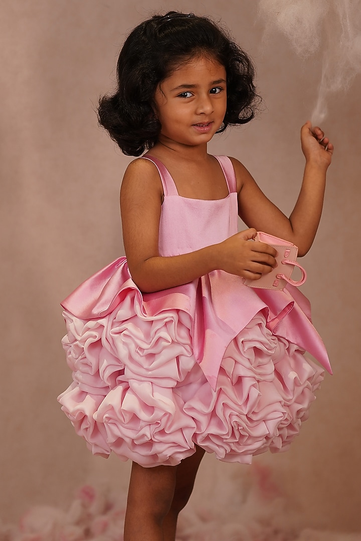 Baby Pink Satin Lycra & Viscose Satin Organza Embellished Dress For Girls by ARANI LABEL at Pernia's Pop Up Shop