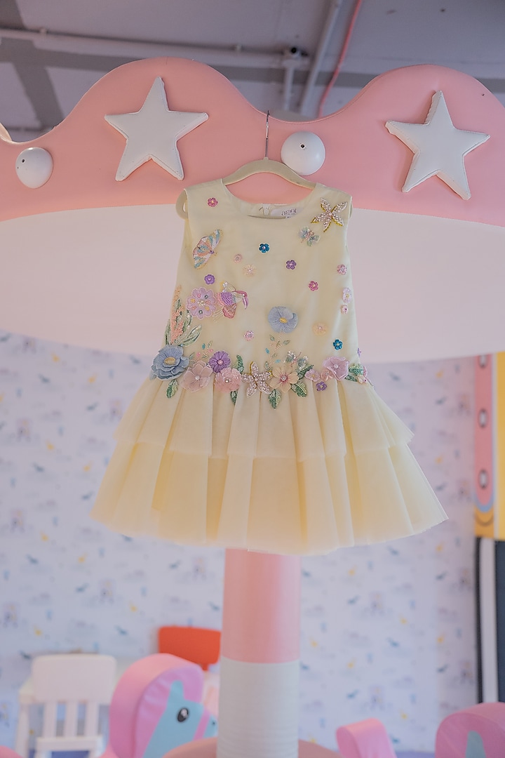 Lemon Yellow Soft Net Hand Embroidered Dress For Girls by ARANI LABEL at Pernia's Pop Up Shop