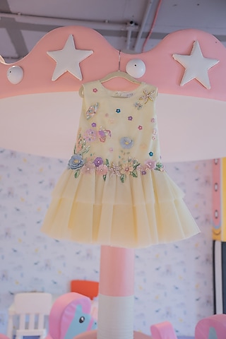 Lemon Yellow Soft Net Hand Embroidered Dress For Girls by ARANI LABEL
