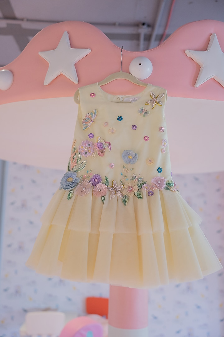 Lemon Yellow Soft Net Hand Embroidered Dress For Girls by ARANI LABEL at Pernia's Pop Up Shop
