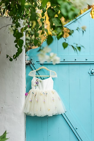Off-White Soft Net Hand Embroidered Dress For Girls by ARANI LABEL