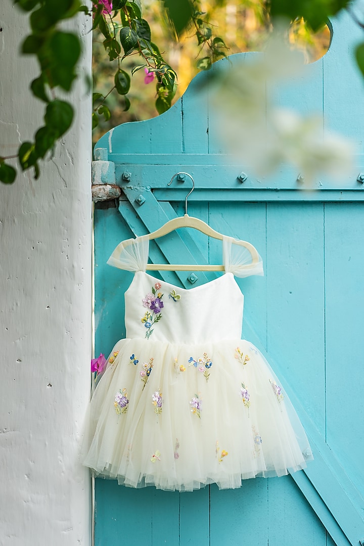 Off-White Soft Net Hand Embroidered Dress For Girls by ARANI LABEL at Pernia's Pop Up Shop
