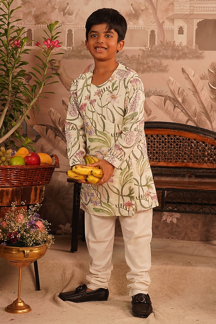 Off-White Poplin Lycra Floral Printed & Embroidered Kurta Set For Boys by ARANI LABEL at Pernia's Pop Up Shop