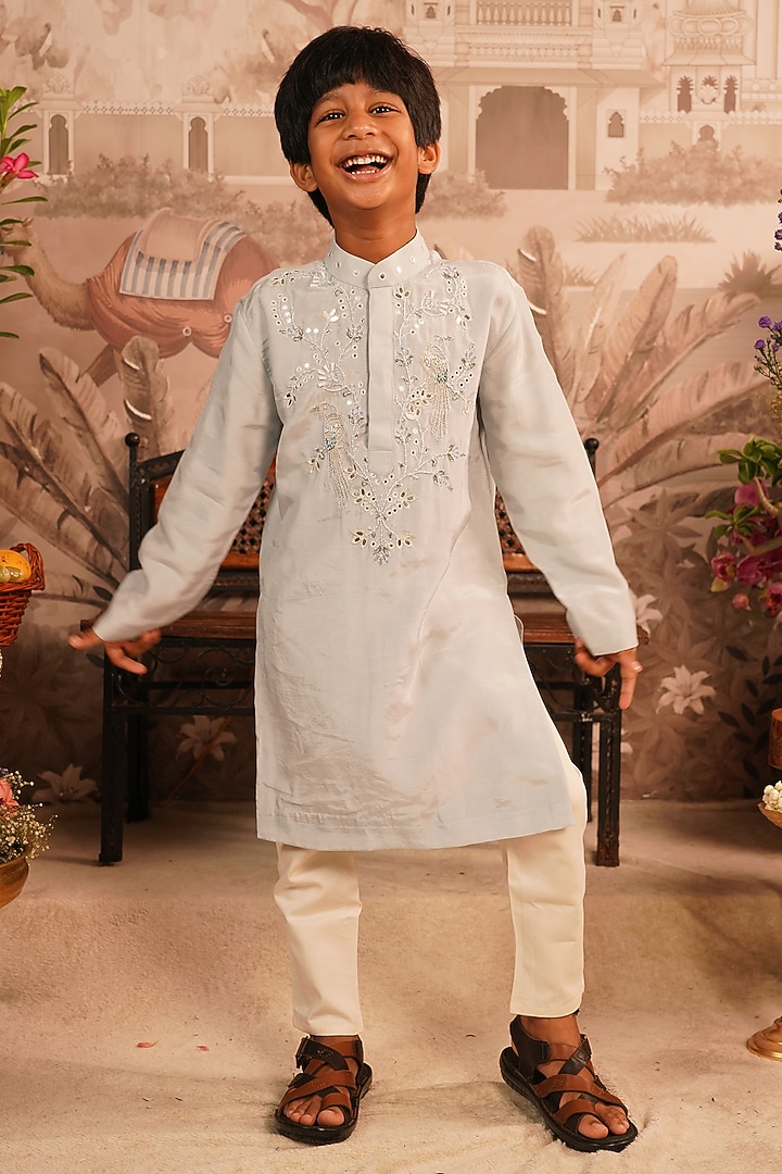 Off-White Muslin Mirror Embroidered Kurta Set For Boys by ARANI LABEL at Pernia's Pop Up Shop
