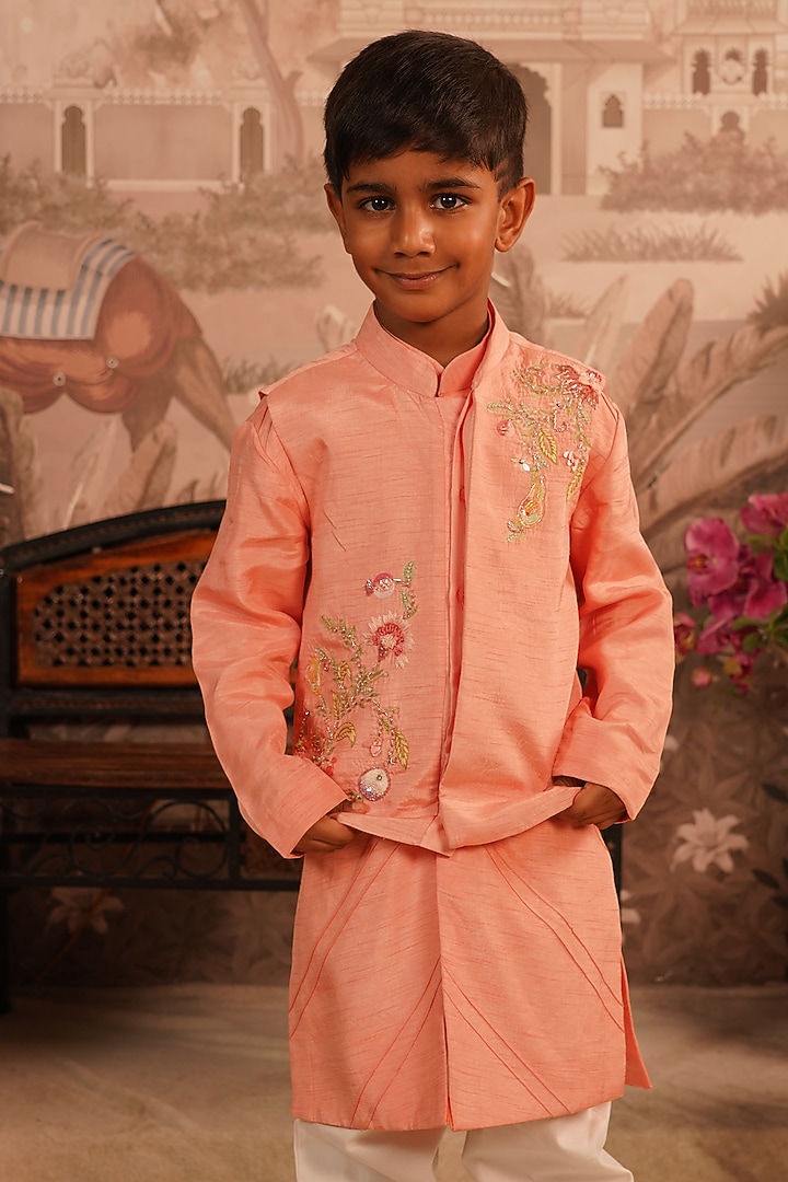 Peach Viscose Raw Silk Sequin Embroidered Nehru Jacket Set For Boys by ARANI LABEL at Pernia's Pop Up Shop