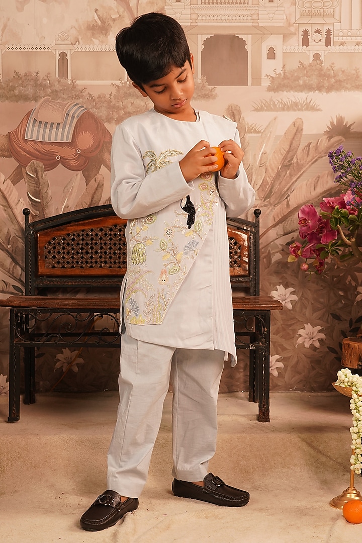 Light Blue Muslin Zardosi Embroidered Kurta Set For Boys by ARANI LABEL at Pernia's Pop Up Shop