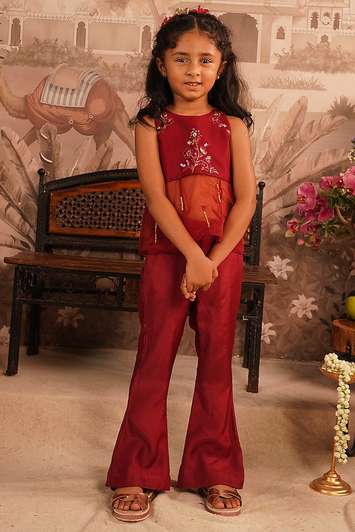 Maroon Organza Sequin Embroidered Co-Ord Set For Girls by ARANI LABEL at Pernia's Pop Up Shop