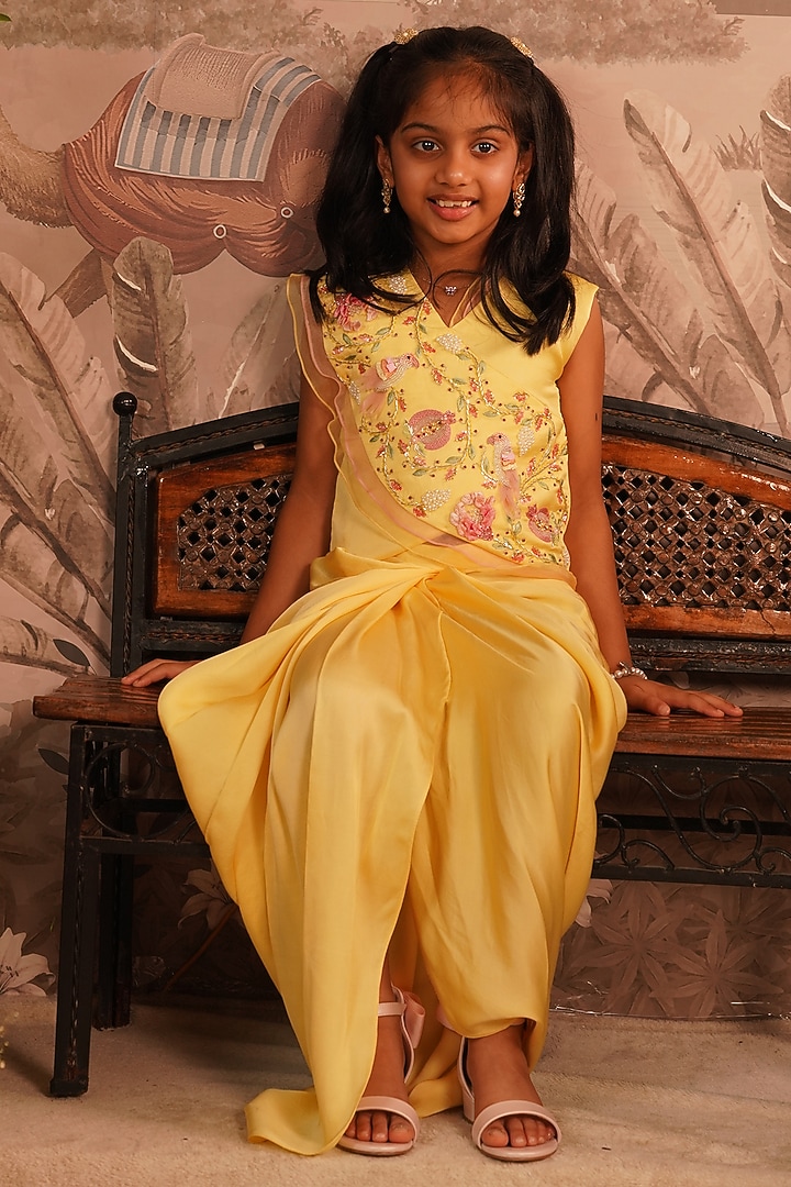 Yellow Modal Satin Draped Skirt Set For Girls by ARANI LABEL at Pernia's Pop Up Shop