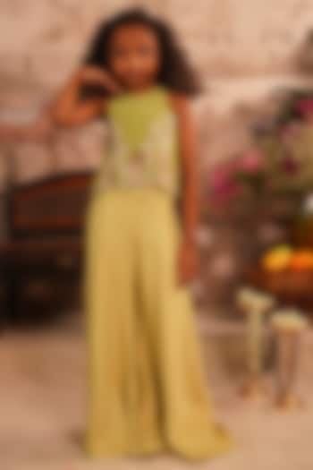 Green Taffeta Satin Flared Pant Set For Girls by ARANI LABEL at Pernia's Pop Up Shop