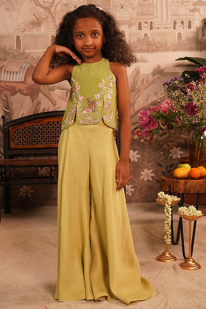 Green Taffeta Satin Flared Pant Set For Girls by ARANI LABEL at Pernia's Pop Up Shop
