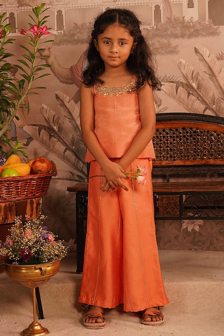 Orange Tissue Silk Wide-Leg Palazzo Set For Girls by ARANI LABEL at Pernia's Pop Up Shop