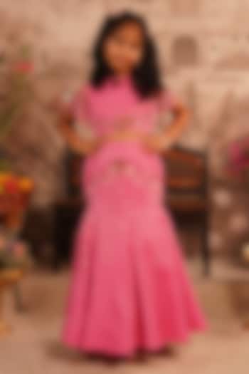 Pink Modal Satin 3D Floral Applique Embroidered Lehenga Set For Girls by ARANI LABEL at Pernia's Pop Up Shop