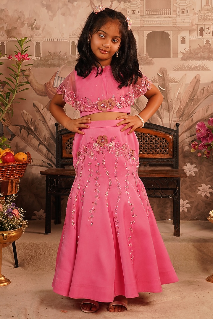 Pink Modal Satin 3D Floral Applique Embroidered Lehenga Set For Girls by ARANI LABEL at Pernia's Pop Up Shop