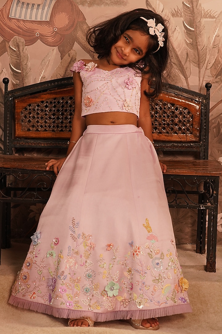 Lilac Modal Satin Sequin Embroidered Flared Lehenga Set For Girls by ARANI LABEL at Pernia's Pop Up Shop