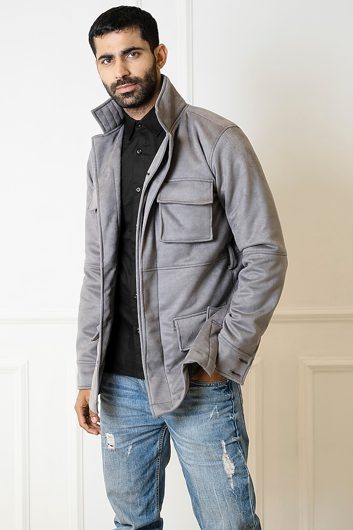 Grey Suede Jacket by Armen & Co at Pernia's Pop Up Shop