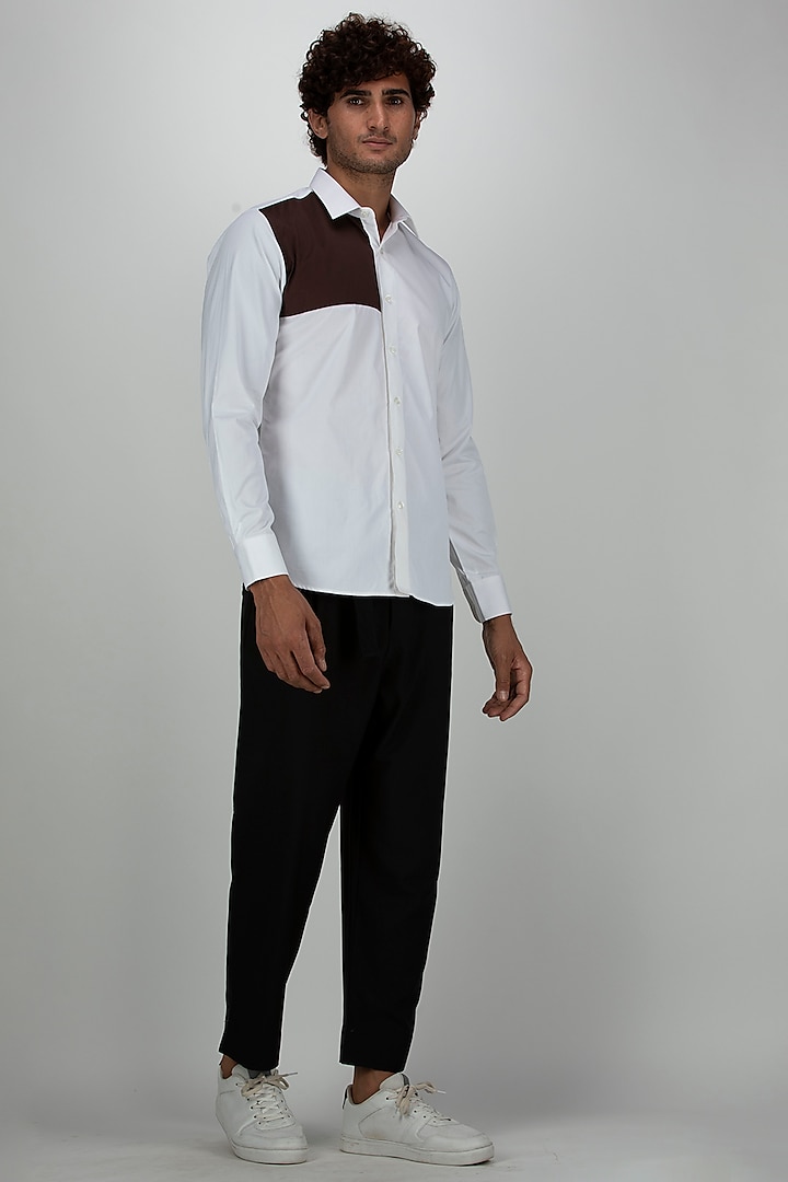 White & Brown Cotton Shirt by Armen & Co