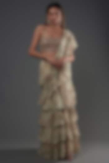 Sand Colored Georgette Floral Printed Ruffled Wedding Lehenga Saree Set by Arpita Mehta at Pernia's Pop Up Shop