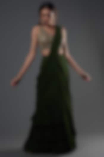 Green Georgette Tiered Skirt Wedding Saree Set by Arpita Mehta at Pernia's Pop Up Shop