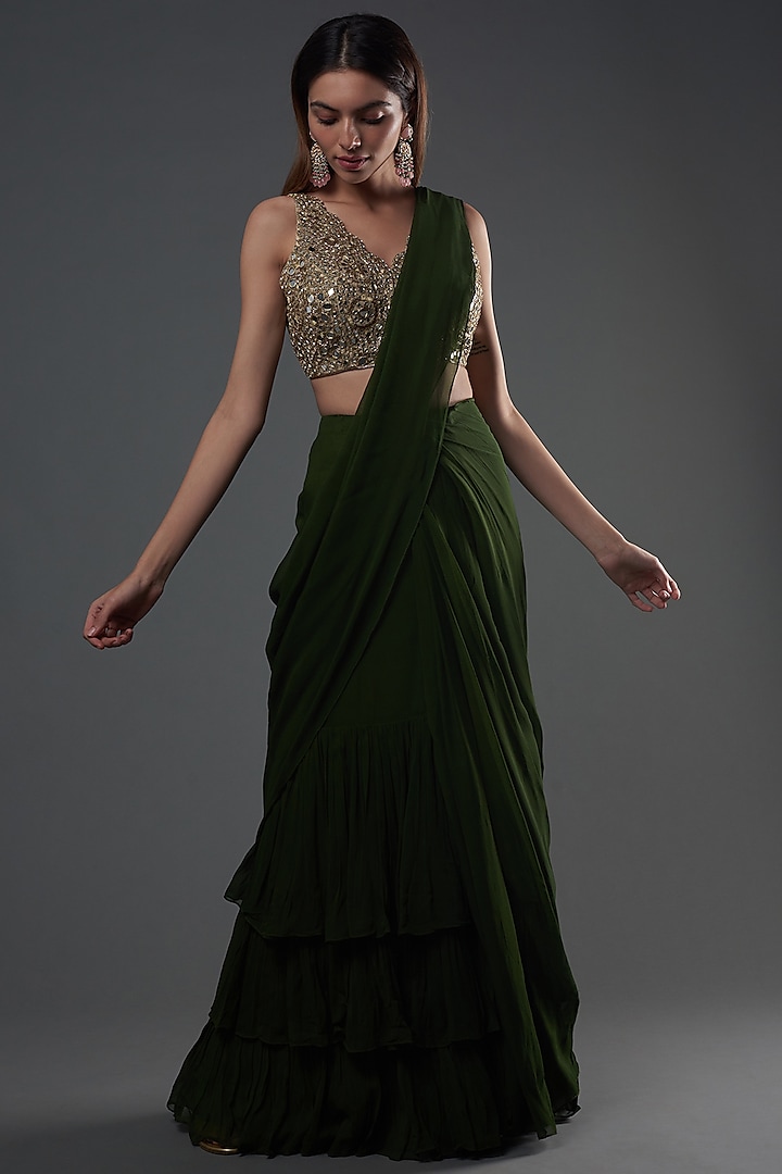 Green Georgette Tiered Skirt Saree Set by Arpita Mehta