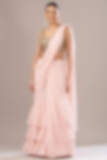Blush Pink Georgette Tiered Skirt Saree Set by Arpita Mehta