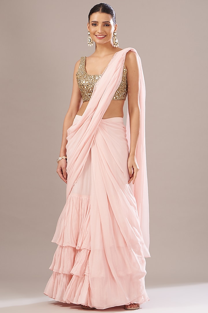 Blush Pink Georgette Tiered Skirt Saree Set by Arpita Mehta