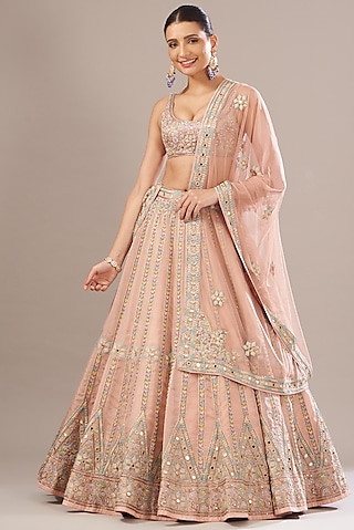 Blush Pink Organza Hand Embroidered Lehenga Set by Arpita Mehta