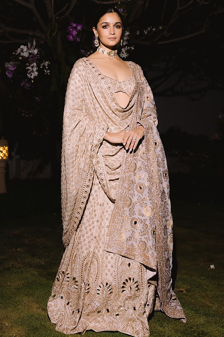 Rose Gold Tissue Hand Embroidered Pre-Stitched Bridal Lehenga Saree Set by Arpita Mehta at Pernia's Pop Up Shop