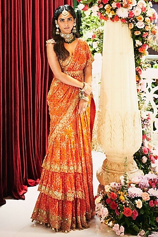 Orange Georgette Hand Embroidered Tiered Saree Set by Arpita Mehta