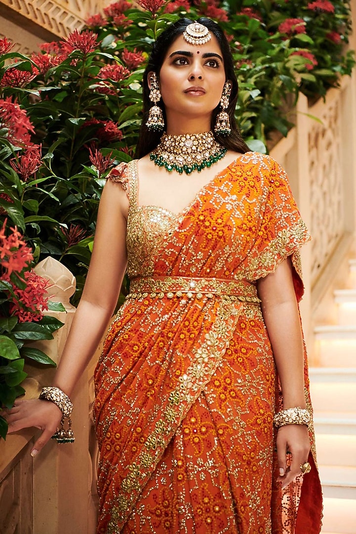 Orange Georgette Hand Embroidered Tiered Bridal Saree Set by Arpita Mehta at Pernia's Pop Up Shop