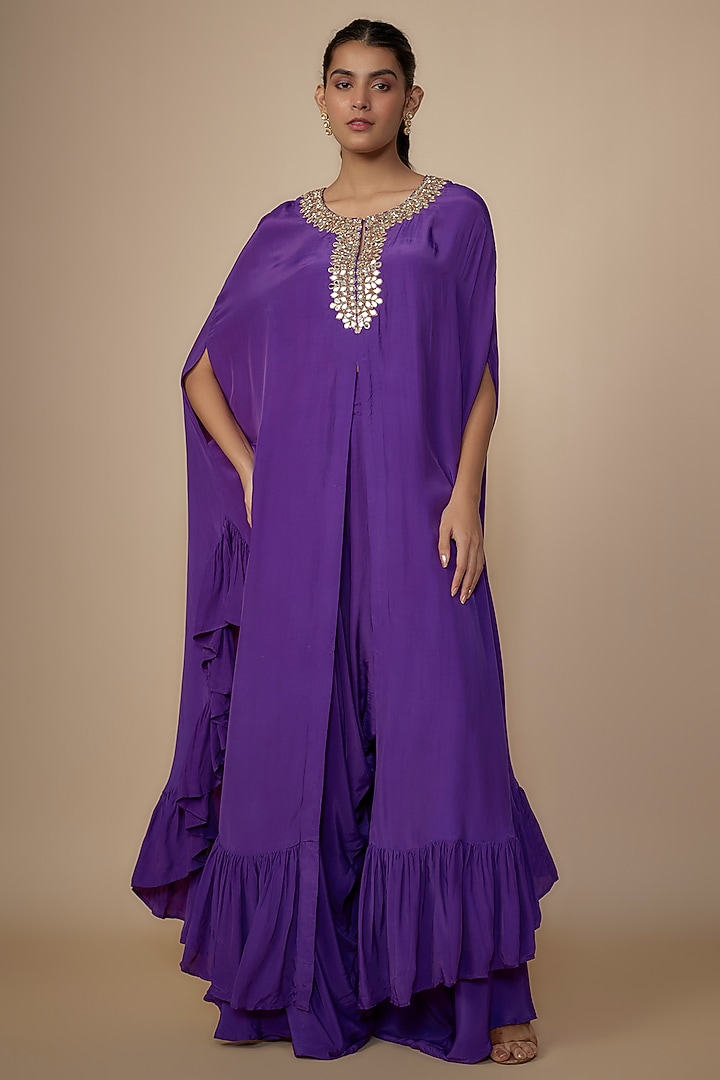 Purple Crepe Silk Embroidered Cape Set by Arpita Mehta at Pernia's Pop Up Shop