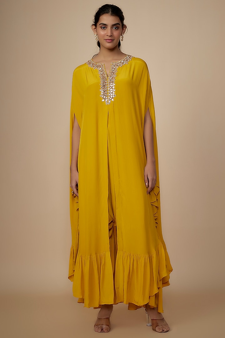 Yellow Crepe Silk Embroidered Cape Set by Arpita Mehta at Pernia's Pop Up Shop