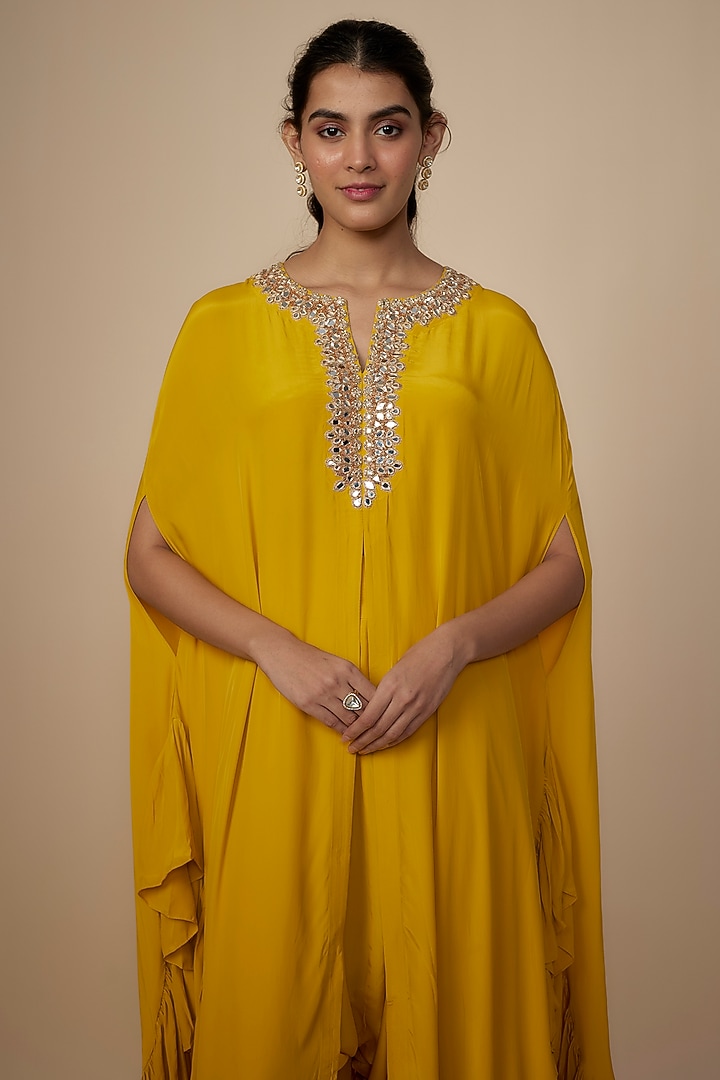 Yellow Crepe Silk Embroidered Cape Set by Arpita Mehta at Pernia's Pop Up Shop