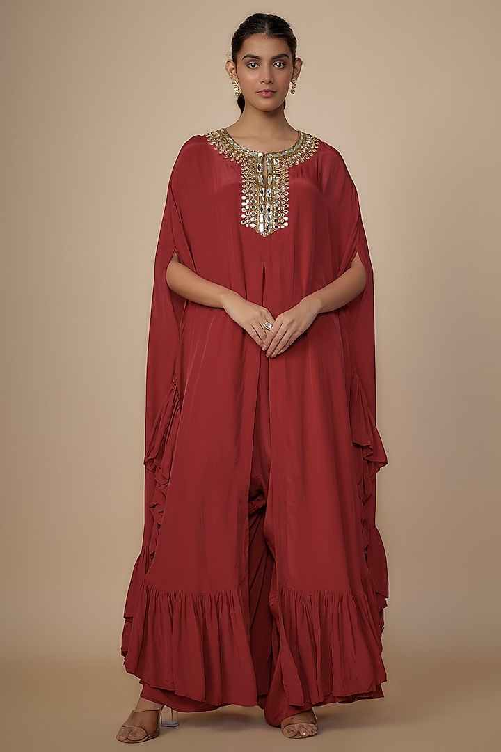 Red Crepe Silk Embroidered Cape Set by Arpita Mehta at Pernia's Pop Up Shop