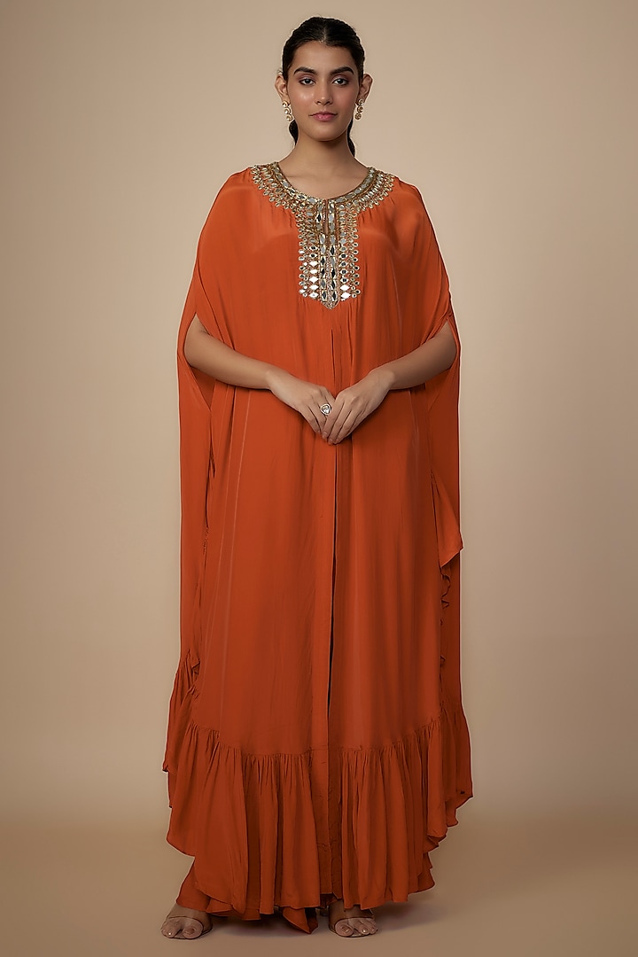 Rust Crepe Silk Embroidered Cape Set by Arpita Mehta at Pernia's Pop Up Shop