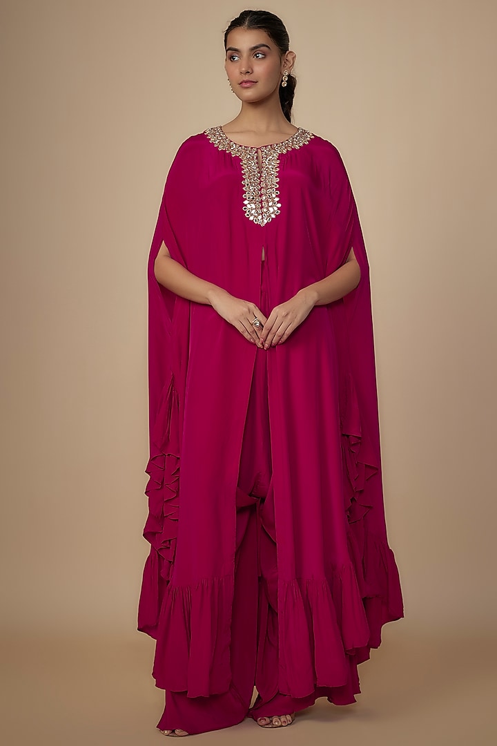 Pink Crepe Silk Embroidered Cape Set by Arpita Mehta at Pernia's Pop Up Shop