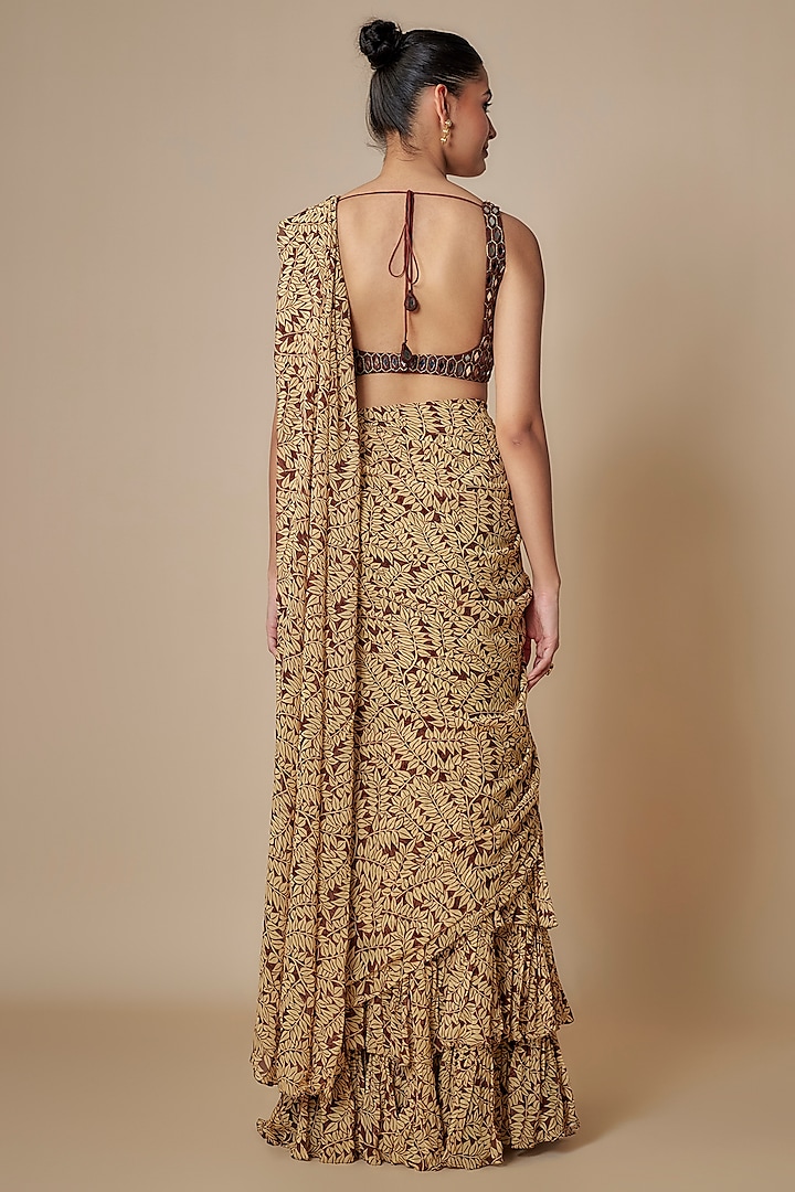 Brown Georgette Fire Printed Ruffled Reception Saree Set by Arpita Mehta at Pernia's Pop Up Shop