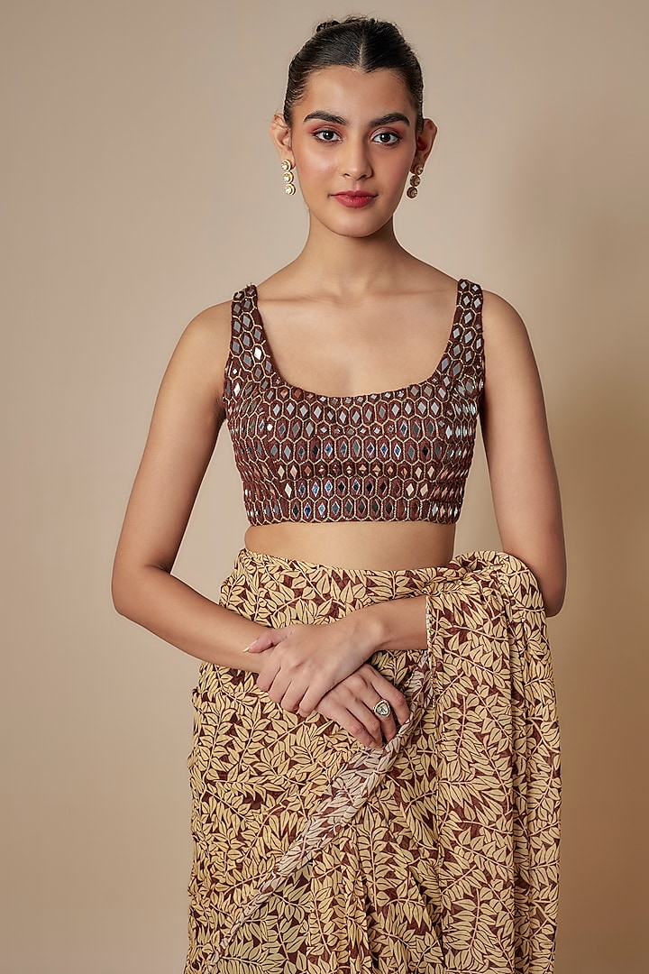 Brown Georgette Fire Printed Ruffled Reception Saree Set by Arpita Mehta at Pernia's Pop Up Shop