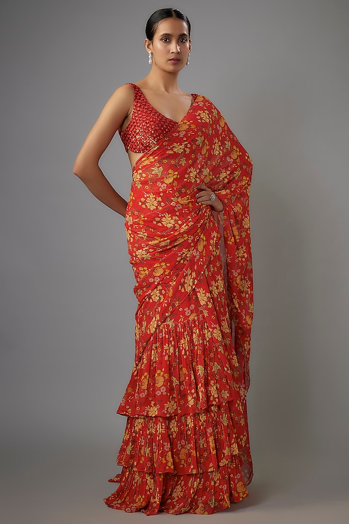 Sindoori Colored Georgette Saree Set by Arpita Mehta at Pernia's Pop Up Shop