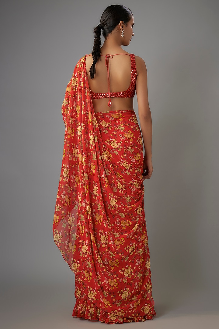 Sindoori Colored Georgette Reception Saree Set by Arpita Mehta at Pernia's Pop Up Shop
