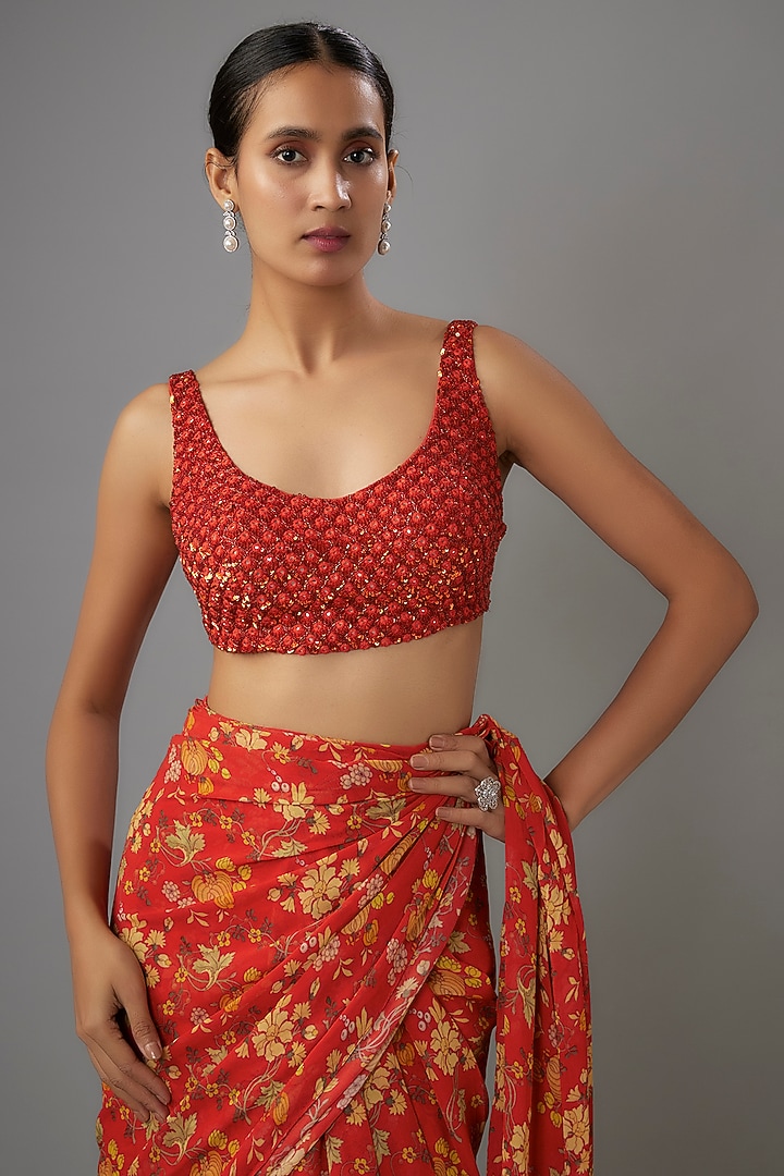 Sindoori Colored Georgette Reception Saree Set by Arpita Mehta at Pernia's Pop Up Shop