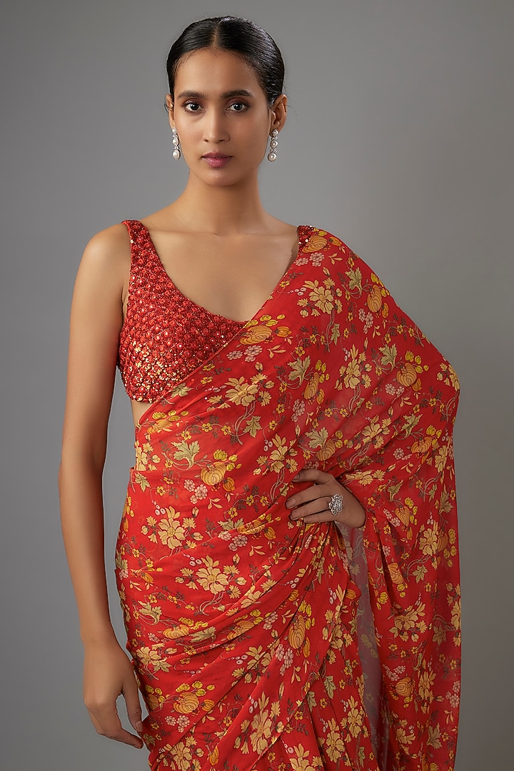 Sindoori Colored Georgette Reception Saree Set by Arpita Mehta at Pernia's Pop Up Shop