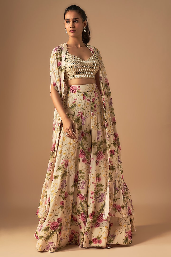 Coconut-Colored Georgette Pine Printed Cape Set by Arpita Mehta