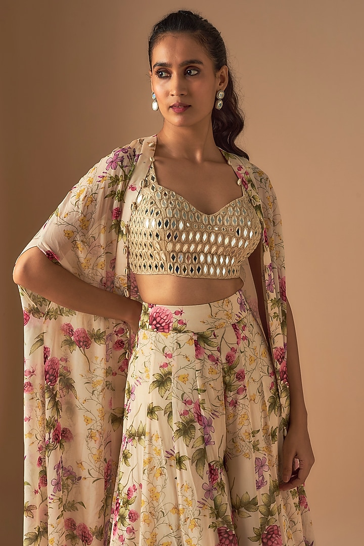 Coconut-Colored Georgette Pine Printed Cape Set by Arpita Mehta at Pernia's Pop Up Shop