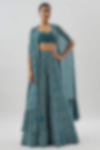 Teal Crepe Silk Printed Cape Set by Arpita Mehta at Pernia's Pop Up Shop