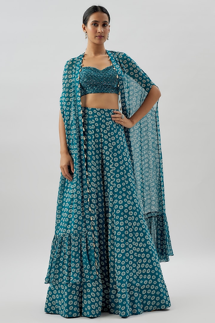 Teal Crepe Silk Printed Cape Set by Arpita Mehta at Pernia's Pop Up Shop