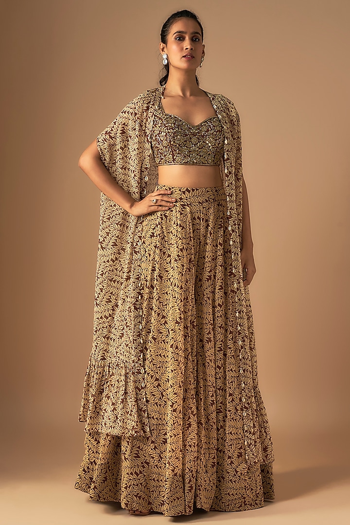 Brown Crepe Silk Embroidered & Printed Cape Set by Arpita Mehta