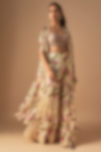 Coconut-Colored Georgette Pine Printed Ruffled Cape Set by Arpita Mehta