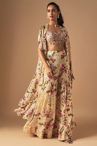 Coconut-Colored Georgette Pine Printed Ruffled Cape Set by Arpita Mehta